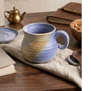 Artisanal Studio Pottery Blue and Tan Speckled Ribbed Ceramic Coffee Mug